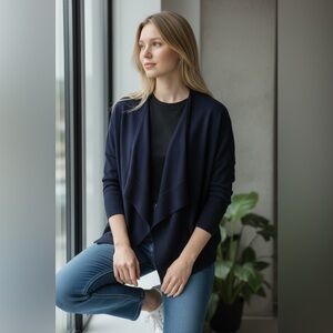 NWOT FRENCH CURVE 100% Cashmere Open Front Asymmetrical Navy Textured Cardigan L